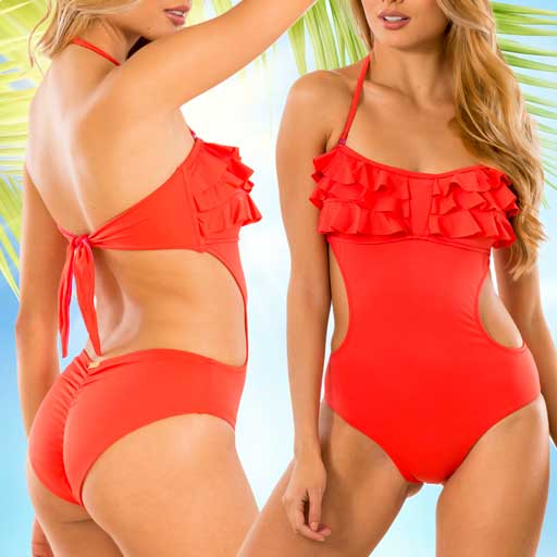 Red one piece store swimsuit with ruffles