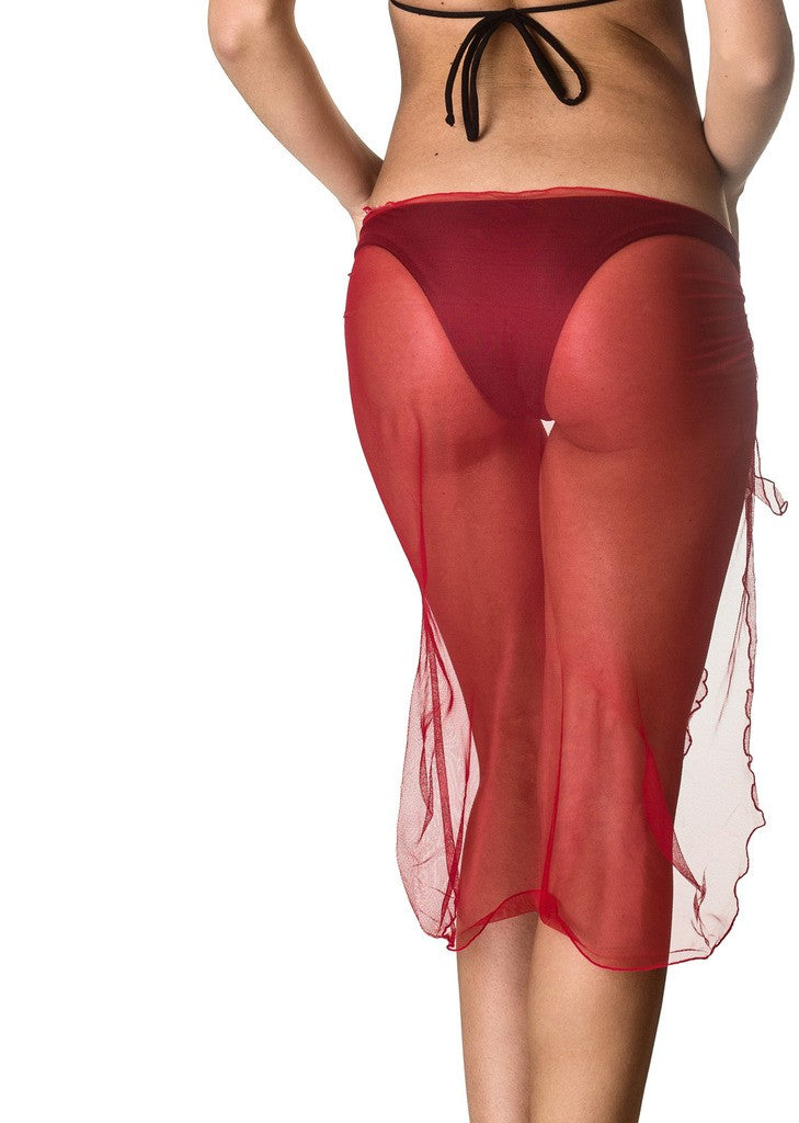 solid Long Mesh Sarong Cover Up - Red