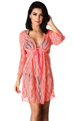 Crochet V neck Tunic Cover Up Dress Coral