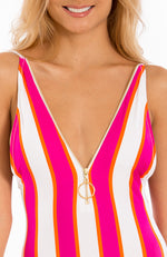 Pink and white Striped with golden zipper Irgus one piece swimsuit open back V neck