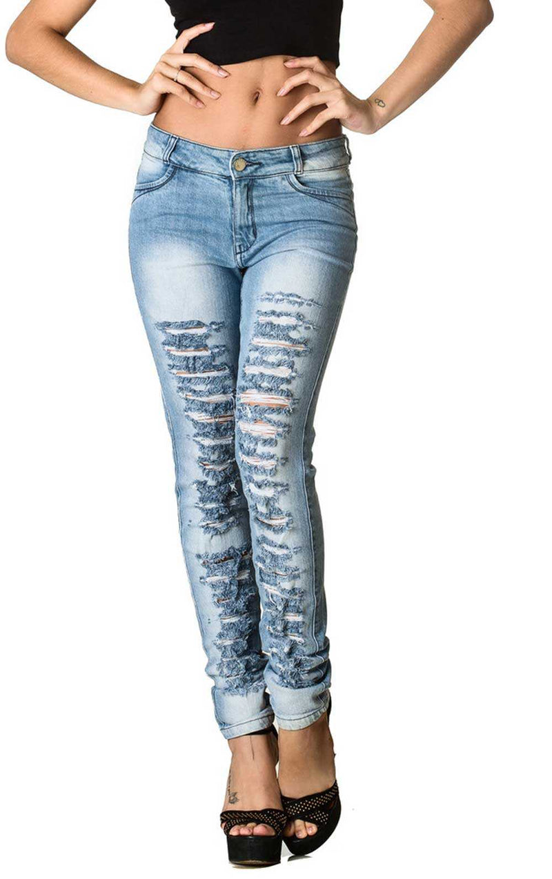 Women's Blue Destroyed - Light Destroyed Denim Skinny Jeans