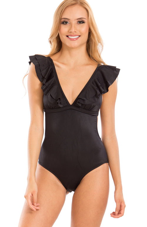 Black - Irgus frill shoulder swimsuit