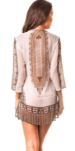 Paisley V neck Tunic  Cover Up Dress Brown