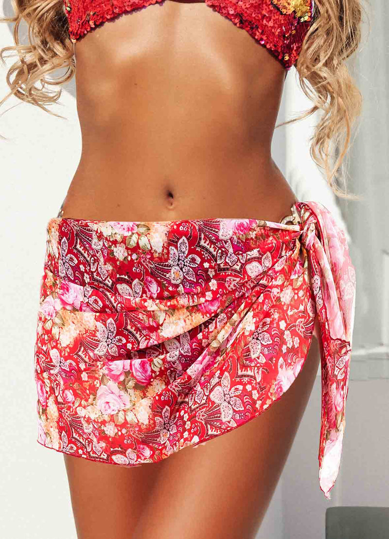 NEW! LACE Roses Red - mesh Short Print Sarong Cover UP
