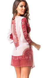 Paisley V neck Tunic Cover Up Dress Red